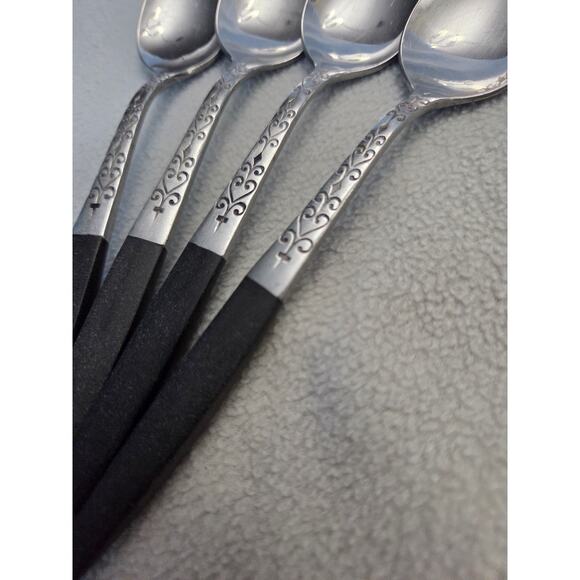 Lot 4 Swirl Black Interpur Japan Teaspoon Flatware Spoons MCM - Picture 3 of 6